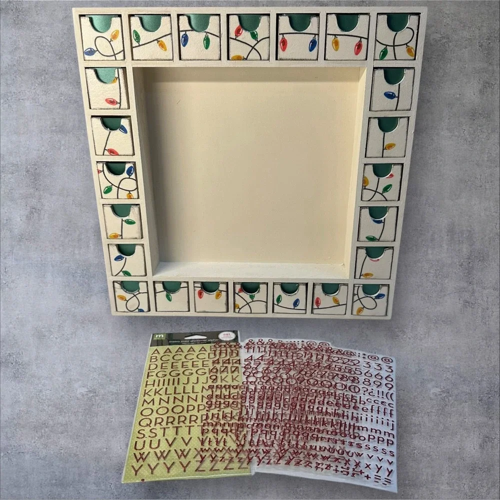 Wooden Advent Calendar 13x13‎ DIY Preassembled, Empty Drawers - Red Stickers